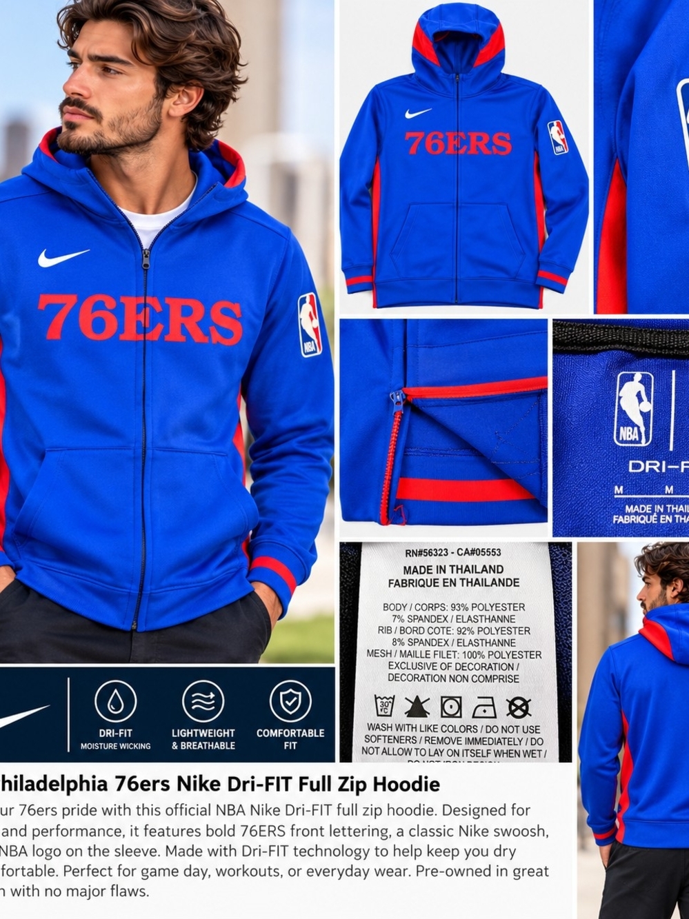 Nike Philadelphia 76ers NBA Dri-FIT Full Zip Hoodie Jacket – Men's Medium – NWT